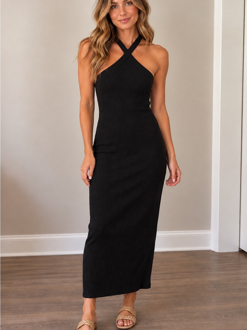 Old Navy Black Ribbed Cross-Back Maxi Slip Dress